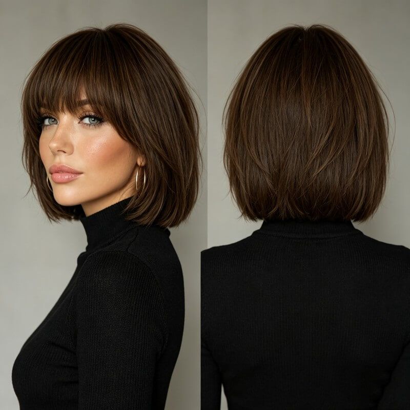 Honey Blonde Highlight Straight Bob Wig with Bangs Glueless Human Hair Wigs for Women