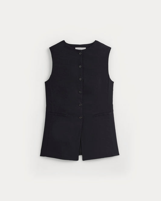 Long Vest in Stretch Linen | Black