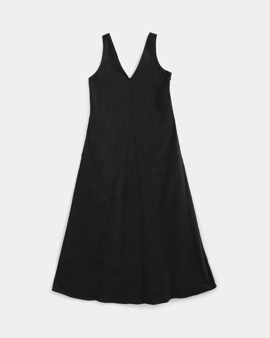 Deep V Seamed Dress in Stretch Linen | Black