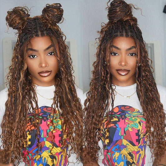 Knotless Boho Braids HD 13x6 Lace Frontal Human Hair Wig Flexi Fit Drawstring Cap Water Wave Glueless Braided Wigs