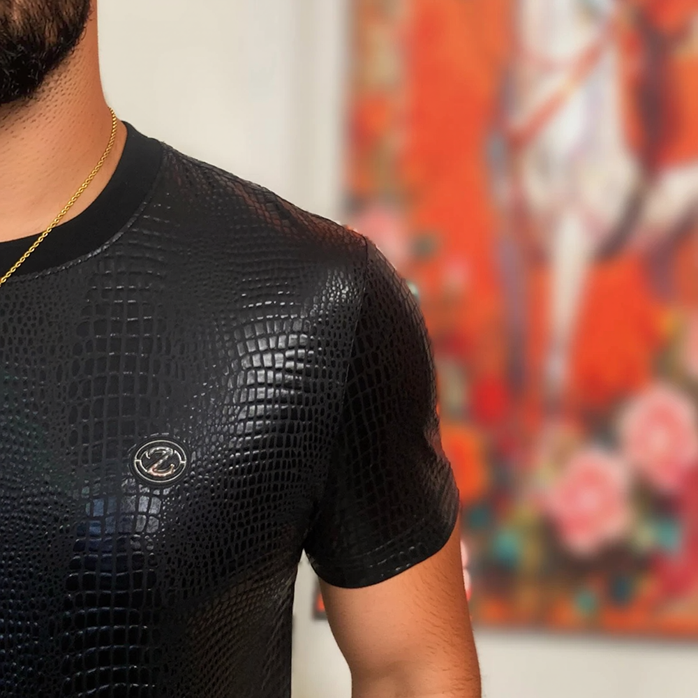 Crocodile Embossed Shiny Faux Leather Slim Fit T-Shirt