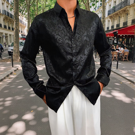 Vine Hidden Pattern Satin Jacquard Long Sleeve Lapel Shirt
