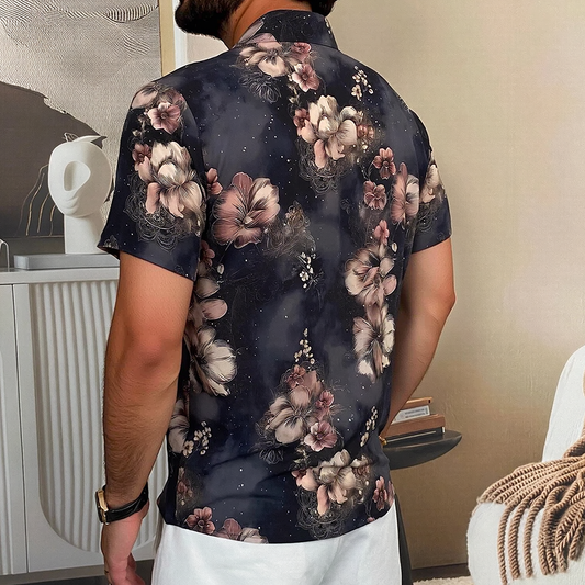 Ink Blur Large Floral Allover Print Draped Short Sleeve Lapel Shirt