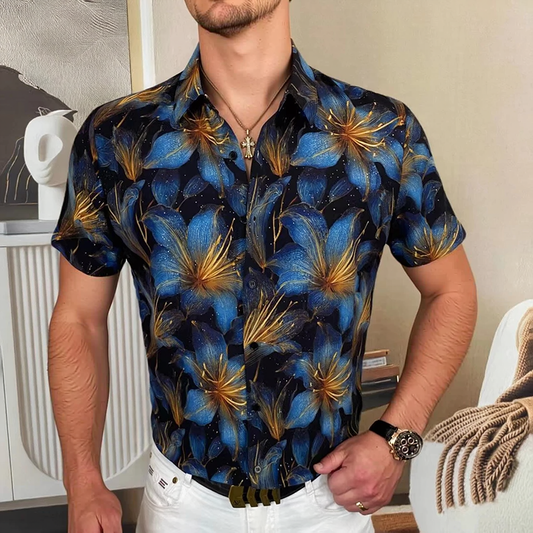 Gilded Line Lily Floral Allover Print Slim Fit Short Sleeve Lapel Shirt