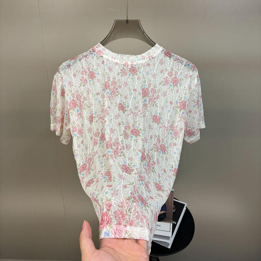 Allover Rose Floral Hollow Mesh Breathable Short Sleeve T-Shirt