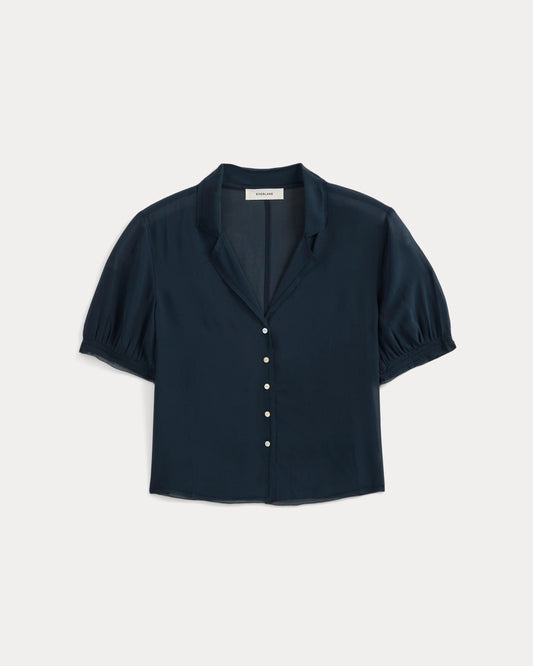 Notch Collar Shirt in Silk Georgette | Navy
