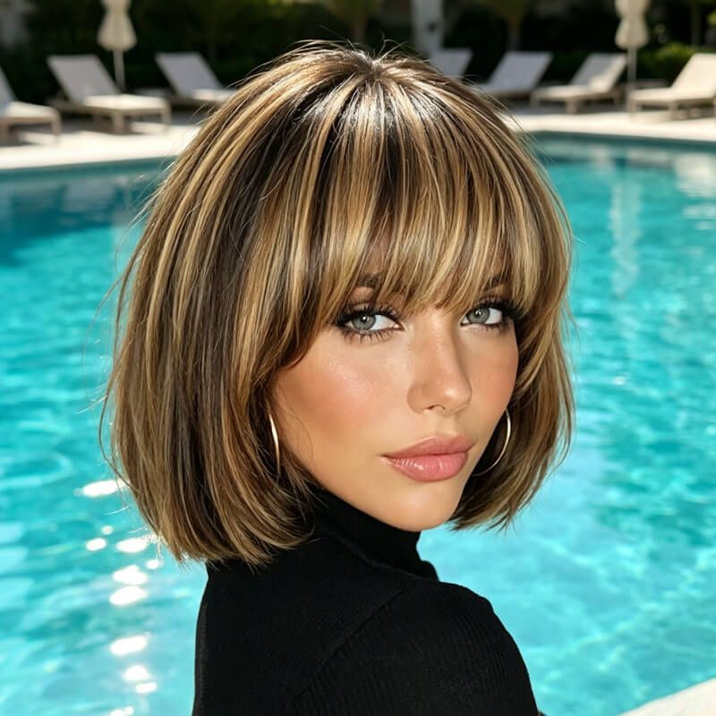 Wear And Go Wigs Honey Blonde Highlight Straight Bob Wig with Bangs Glueless Human Hair Wigs for Women