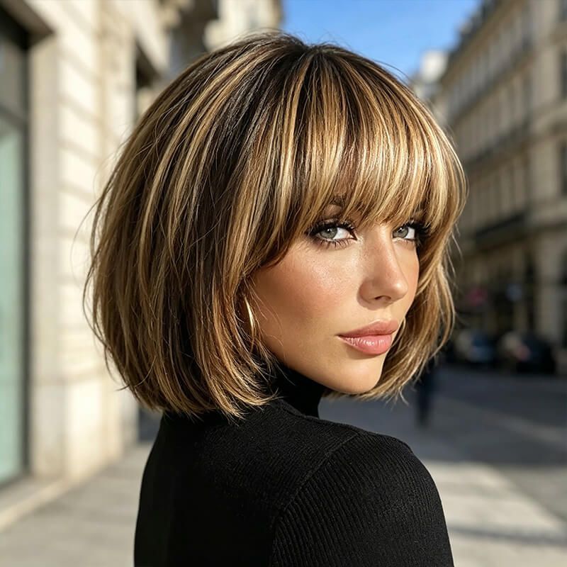 Honey Blonde Highlight Straight Bob Wig with Bangs Glueless Human Hair Wigs for Women