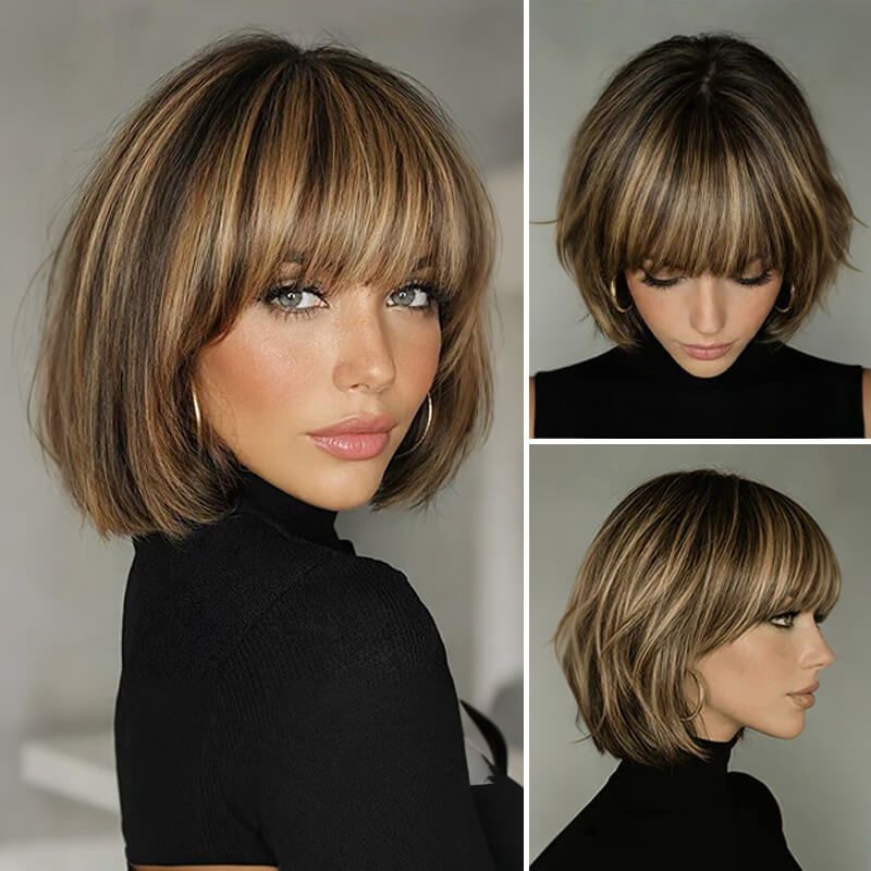 Honey Blonde Highlight Straight Bob Wig with Bangs Glueless Human Hair Wigs for Women