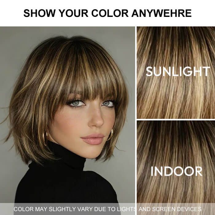 Honey Blonde Highlight Straight Bob Wig with Bangs Glueless Human Hair Wigs for Women
