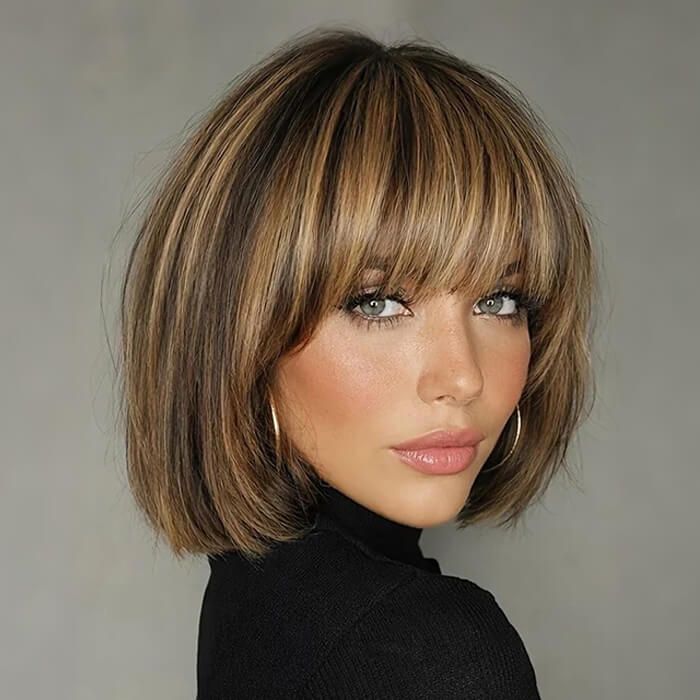 Wear And Go Wigs Honey Blonde Highlight Straight Bob Wig with Bangs Glueless Human Hair Wigs for Women