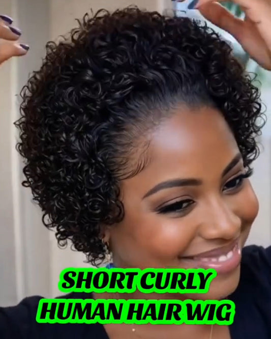 Chic Ombre Mix Color Short Cut Curly Put On & Go Wig 100% Human Hair