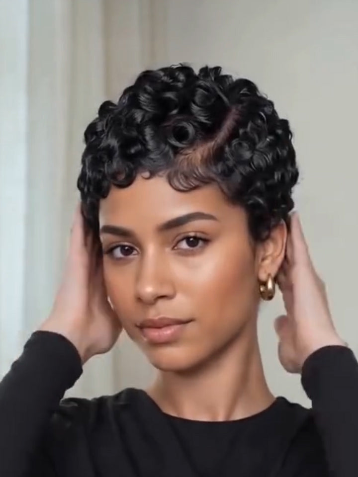 Short Pixie Cut Egg Wavy Curly Bomb Black Colorful Mommy Wig Pin Curls Brizalian Virgin Human Hair Cute Style Wigs For Black Woman Daily Party Use
