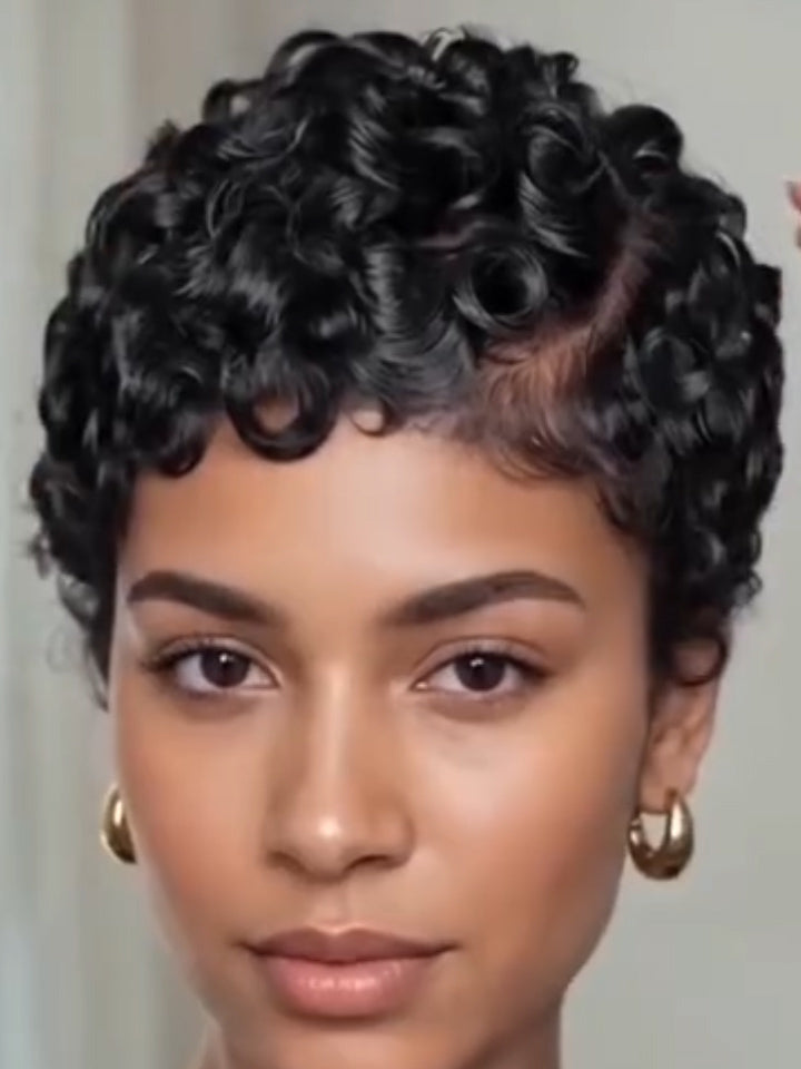 Short Pixie Cut Egg Wavy Curly Bomb Black Colorful Mommy Wig Pin Curls Brizalian Virgin Human Hair Cute Style Wigs For Black Woman Daily Party Use