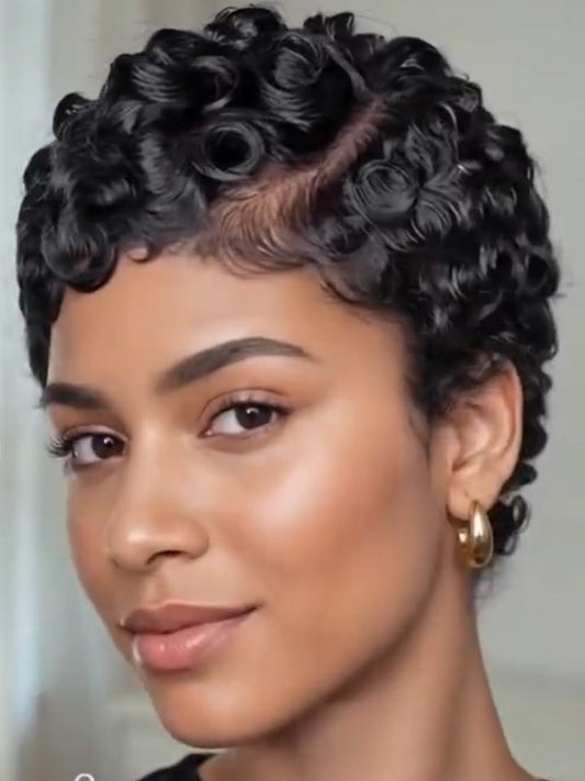 Short Pixie Cut Egg Wavy Curly Bomb Black Colorful Mommy Wig Pin Curls Brizalian Virgin Human Hair Cute Style Wigs For Black Woman Daily Party Use
