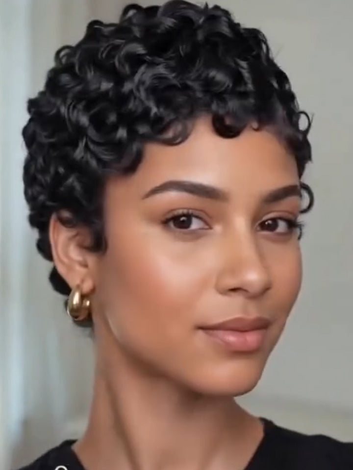 Short Pixie Cut Egg Wavy Curly Bomb Black Colorful Mommy Wig Pin Curls Brizalian Virgin Human Hair Cute Style Wigs For Black Woman Daily Party Use