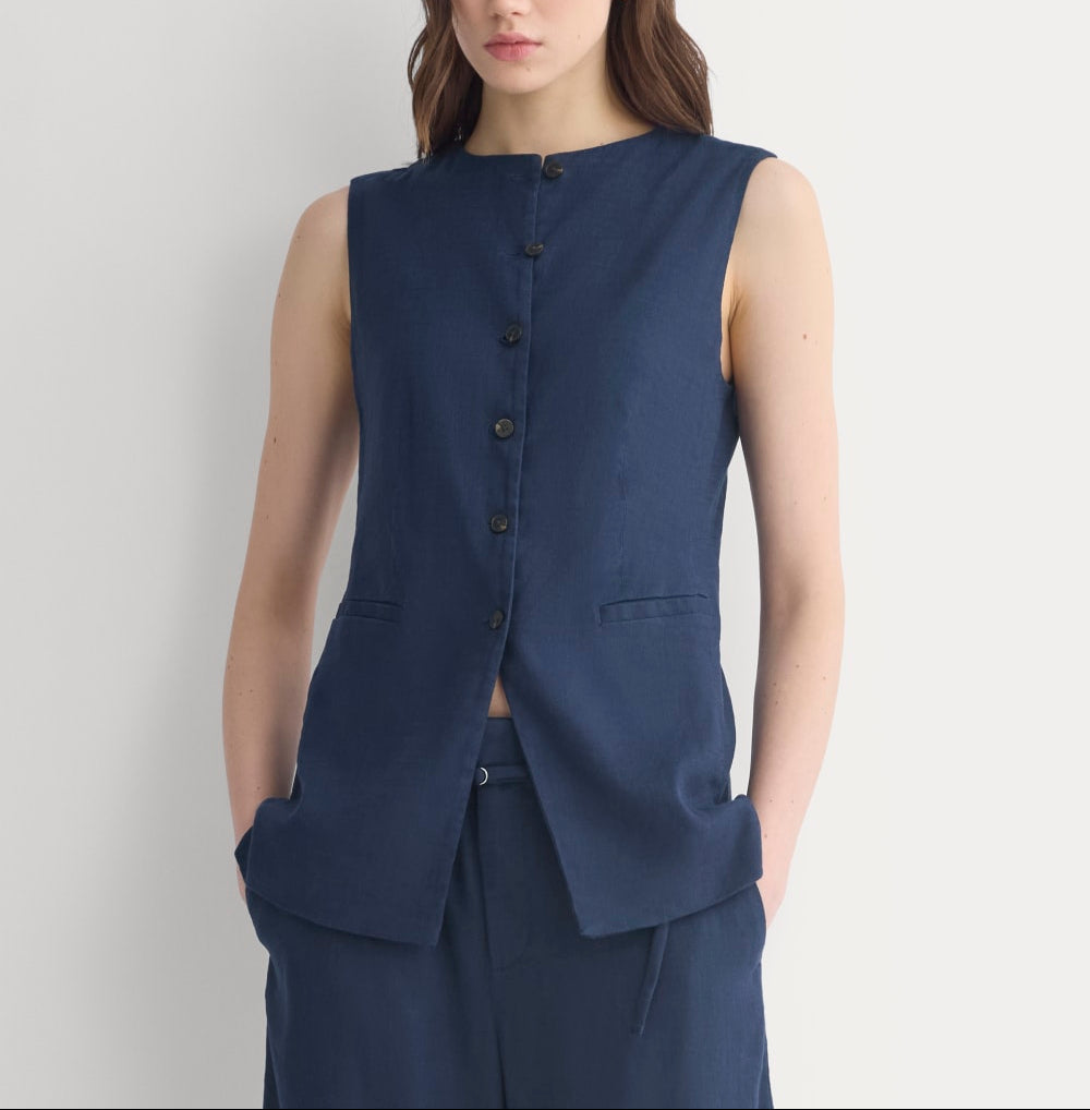 Long Vest in Stretch Linen | Navy
