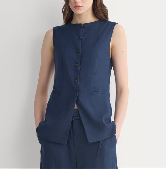 Long Vest in Stretch Linen | Navy