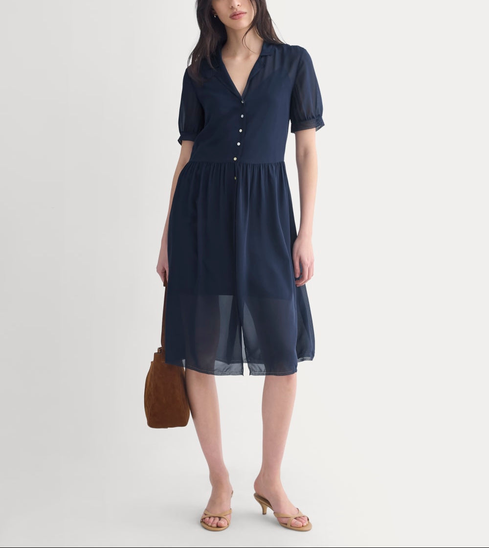 Notch Collar Shirtdress in Silk Georgette | Navy