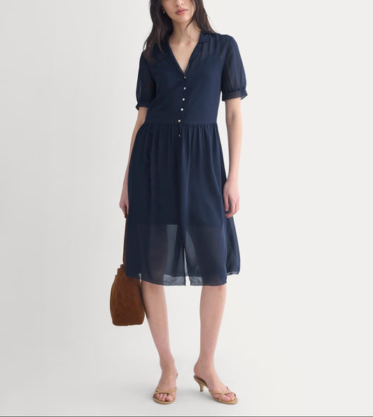 Notch Collar Shirtdress in Silk Georgette | Navy