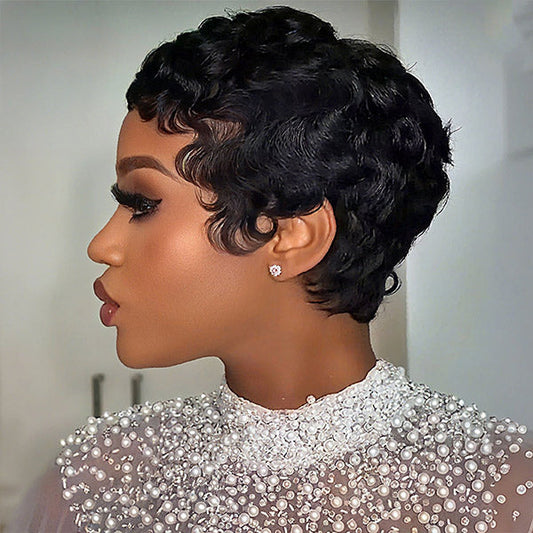 Pixie Wig Pre-styled Human Hair Machine Made Short Curly Wigs Beginner Friendly