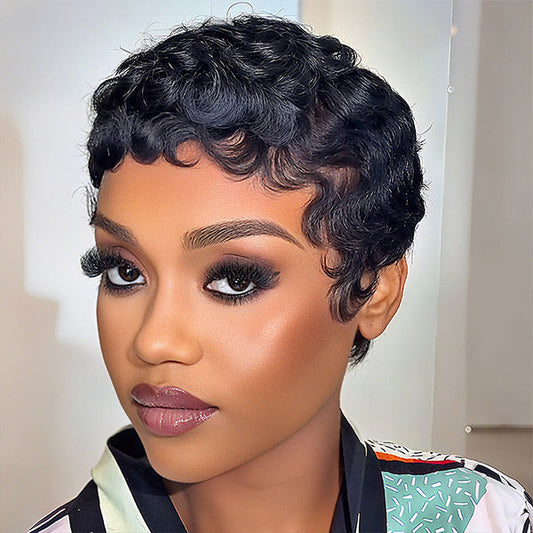 Pixie Wig Pre-styled Human Hair Machine Made Short Curly Wigs Beginner Friendly