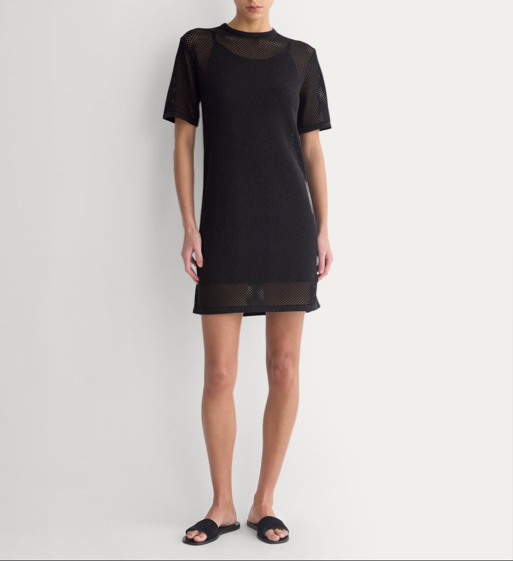 Mesh-Knit Short-Sleeve Dress | Black