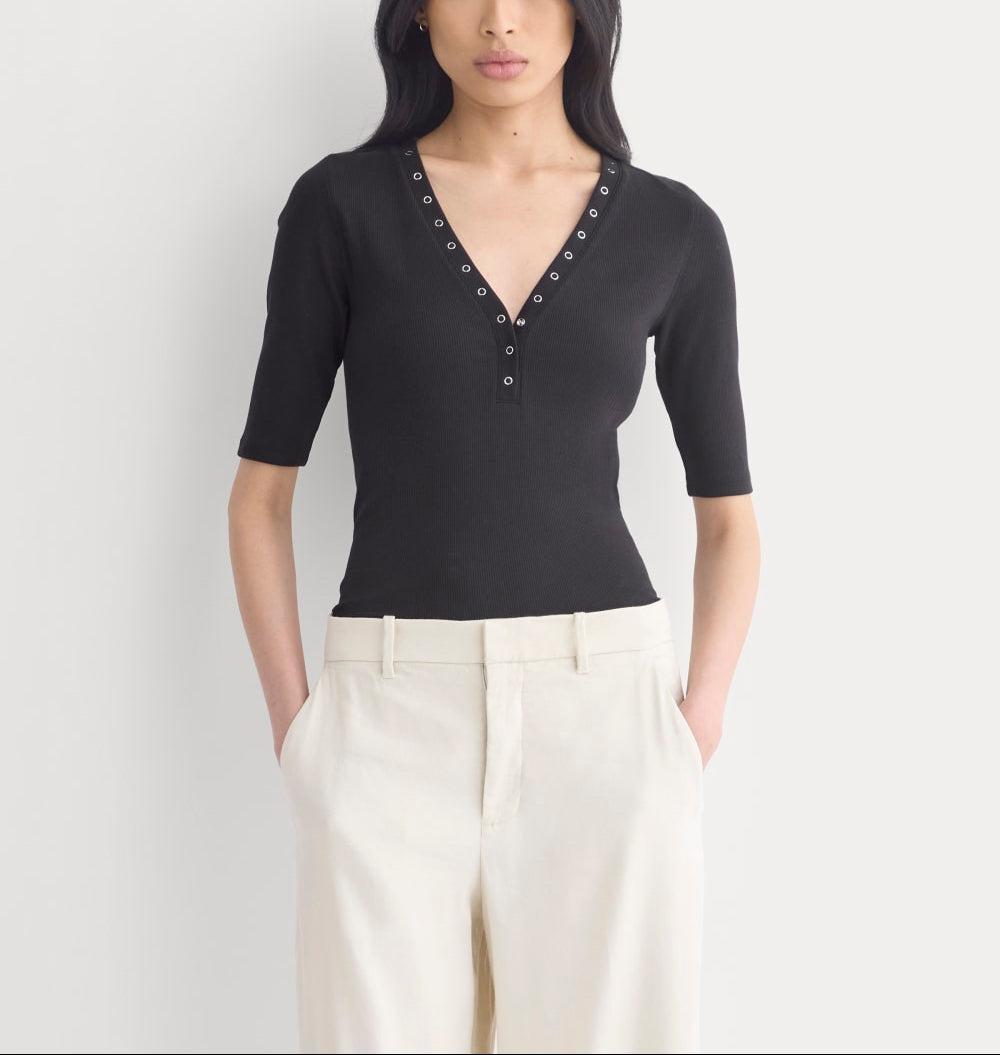 Luxe Rib V-Neck Henley | Black