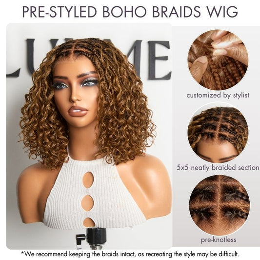 Boho Braids Deep Curly Glueless 5x5 Closure Lace with Braided Top Human Hair Wig