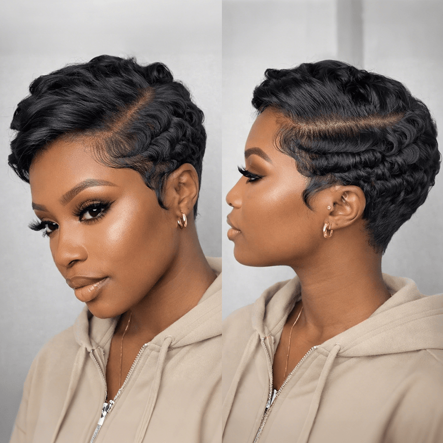 Green Part Machine Made Short Pixie Wig