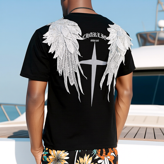 Back 3D Lace Wing Cross Print Loose Crew Neck T-Shirt