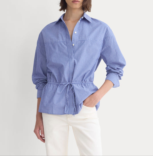 Oversized Cinched Shirt in Ultrasoft Cotton | Mazarine Blue / Optic White