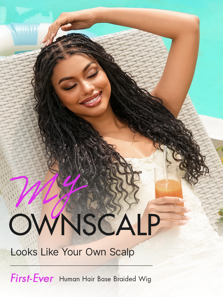 Light Weight Flexi-Fit Invisi Drawstring Cap Full Lace Knotless Boho Curls Braided Long Wig Super Natural Scalp Pre-Cut Lace