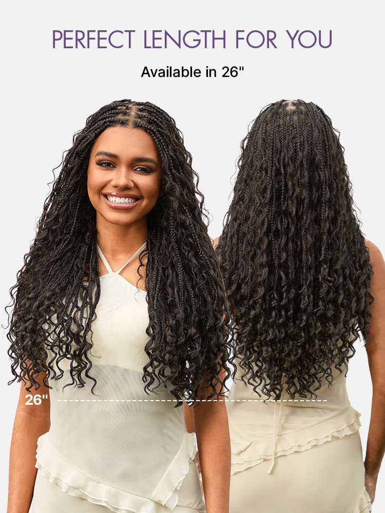 Light Weight Flexi-Fit Invisi Drawstring Cap Full Lace Knotless Boho Curls Braided Long Wig Super Natural Scalp Pre-Cut Lace