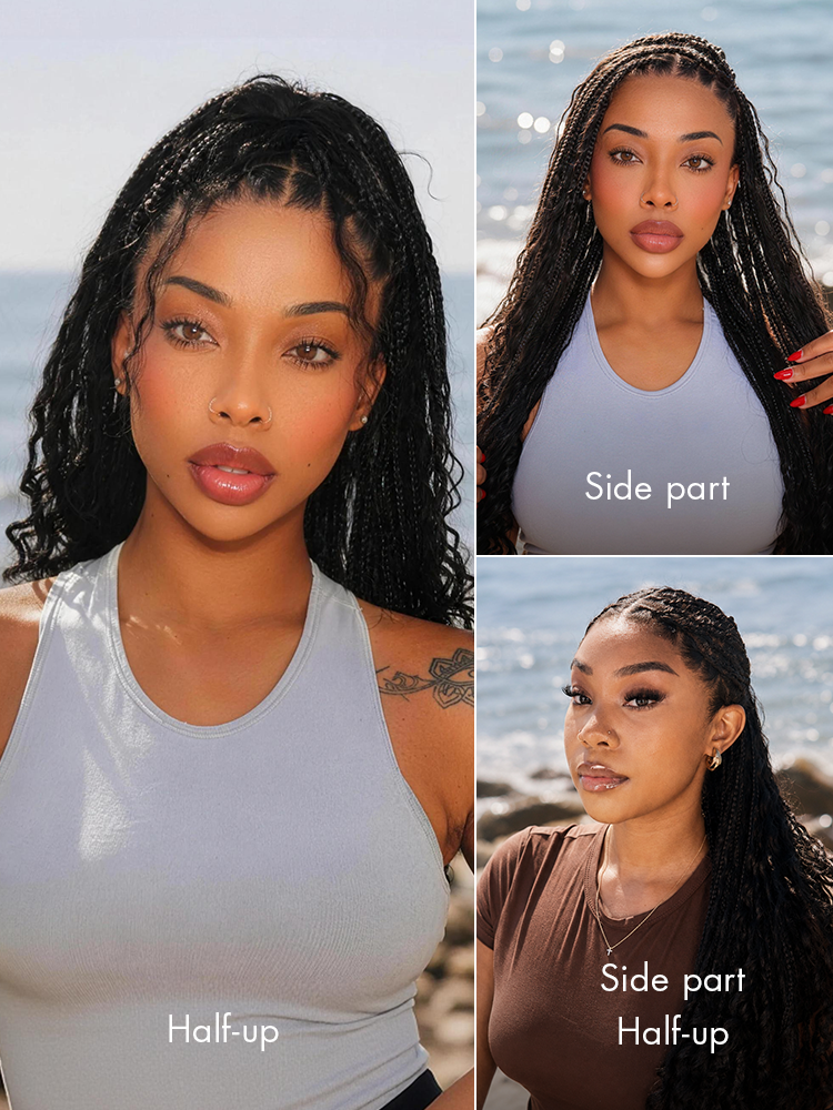 Light Weight Flexi-Fit Invisi Drawstring Cap Full Lace Knotless Boho Curls Braided Long Wig Super Natural Scalp Pre-Cut Lace