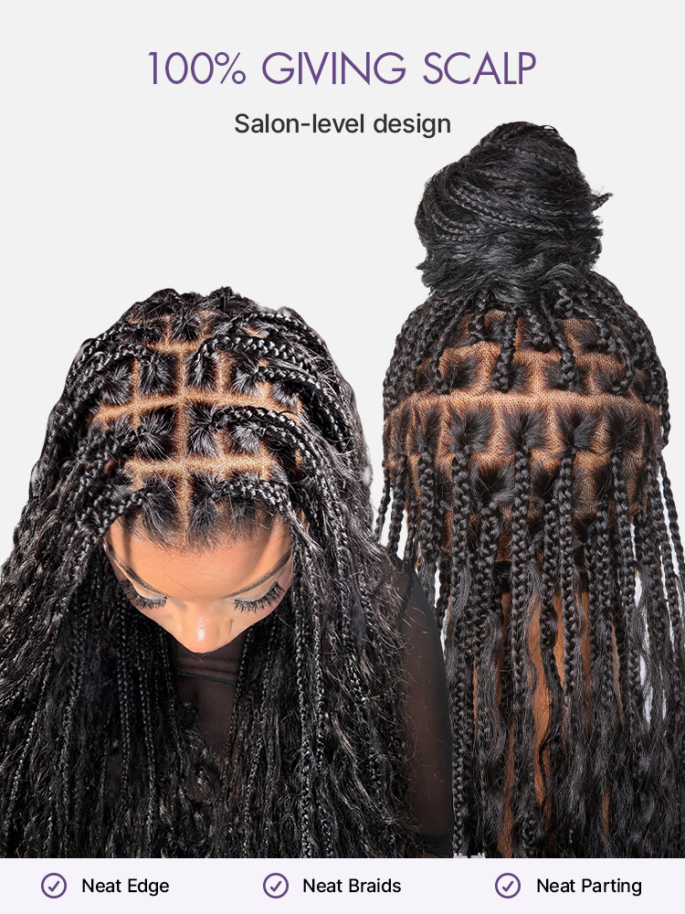 Light Weight Flexi-Fit Invisi Drawstring Cap Full Lace Knotless Boho Curls Braided Long Wig Super Natural Scalp Pre-Cut Lace