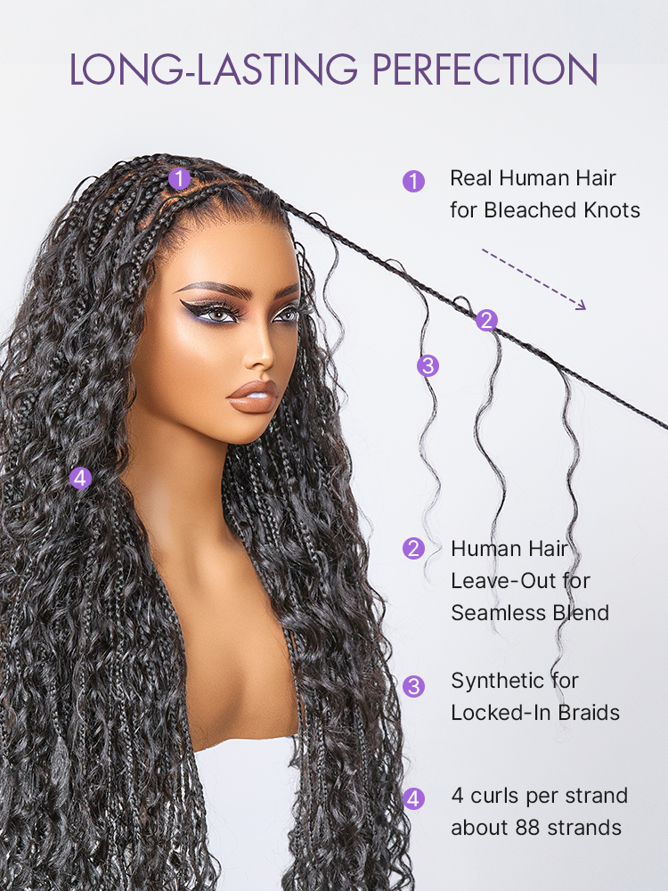 Light Weight Flexi-Fit Invisi Drawstring Cap Full Lace Knotless Boho Curls Braided Long Wig Super Natural Scalp Pre-Cut Lace
