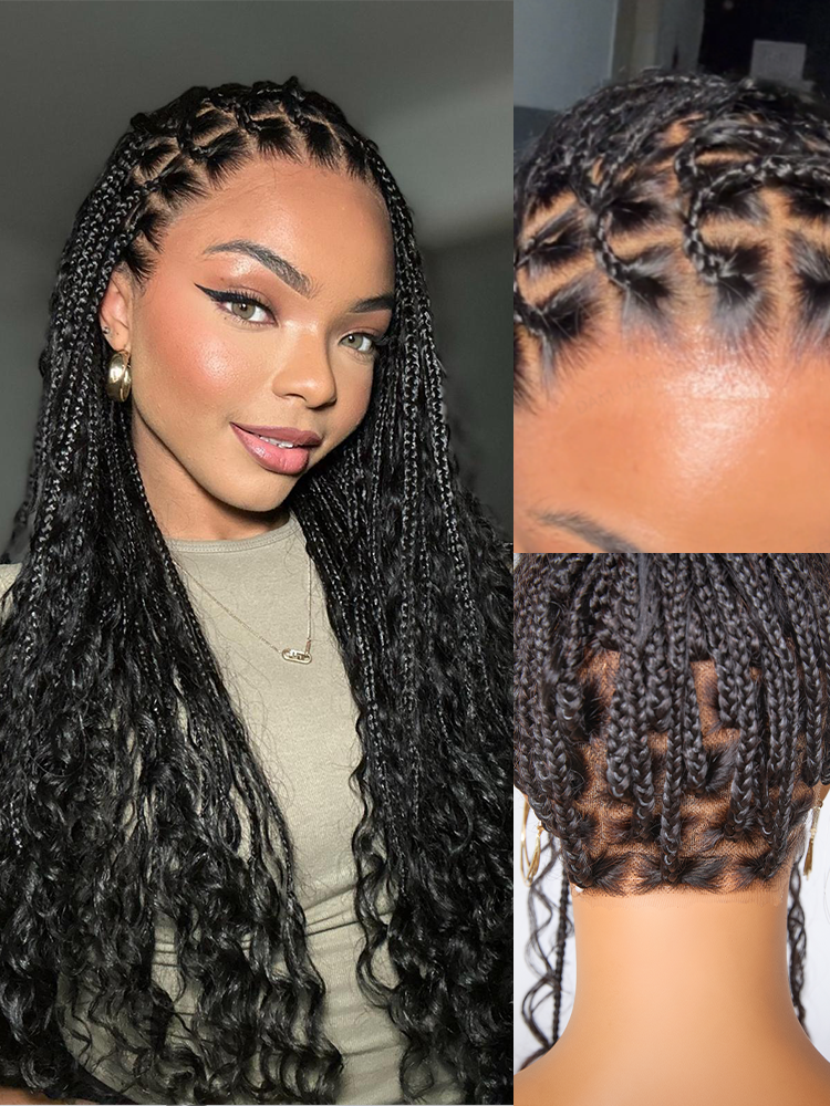 Light Weight Flexi-Fit Invisi Drawstring Cap Full Lace Knotless Boho Curls Braided Long Wig Super Natural Scalp Pre-Cut Lace