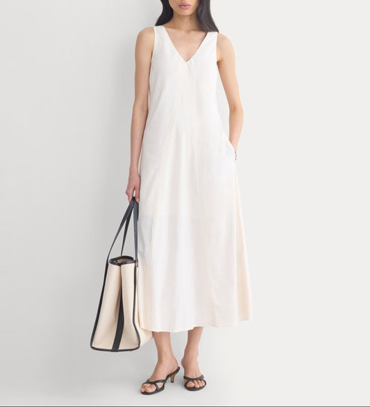 Deep V Seamed Dress in Stretch Linen | Bone