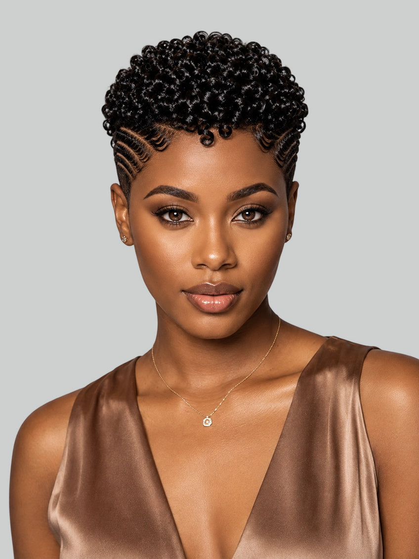 Pixie wig Afro curly 6 inches Black Hard Part style 3