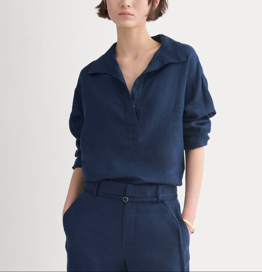 Popover Shirt in Linen | Navy