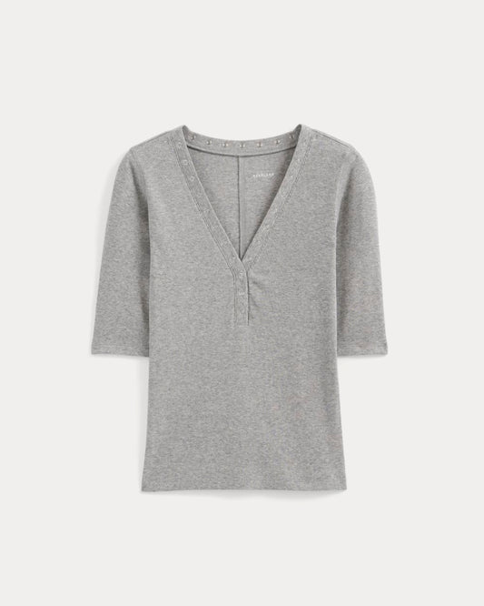 Luxe Rib V-Neck Henley | Heathered Light Grey