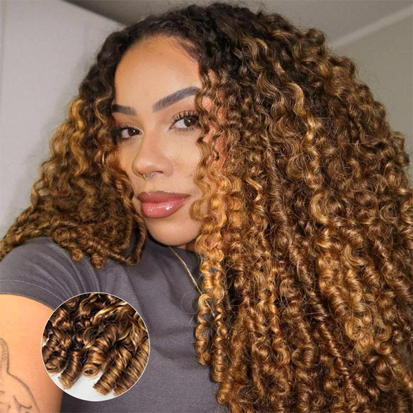 3 In 1 Half Wig | Burmese Curly Highlight 4/27 Color Wear Go Half Wig With Elastic Drawstring Flip Over Wig