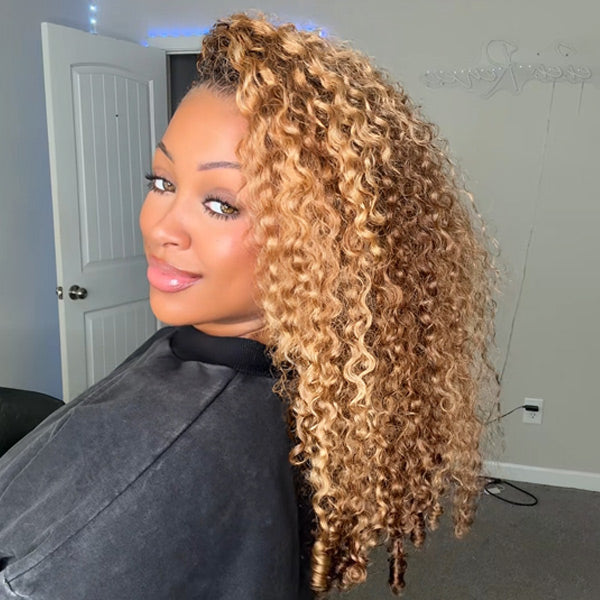 3 In 1 Half Wig | Burmese Curly Highlight 4/27 Color Wear Go Half Wig With Elastic Drawstring Flip Over Wig