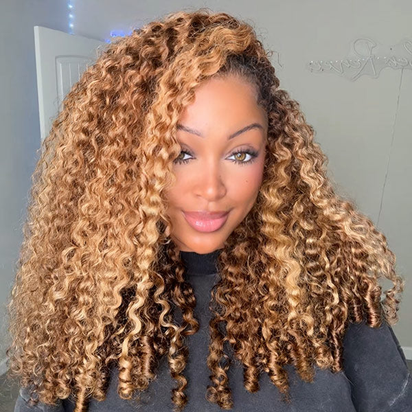 3 In 1 Half Wig | Burmese Curly Highlight 4/27 Color Wear Go Half Wig With Elastic Drawstring Flip Over Wig