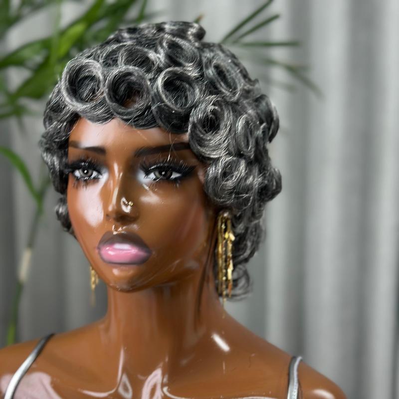 Short Pixie Cut Egg Wavy Curly Bomb Black Colorful Mommy Wig Pin Curls Brizalian Virgin Human Hair Cute Style Wigs For Black Woman Daily Party Use
