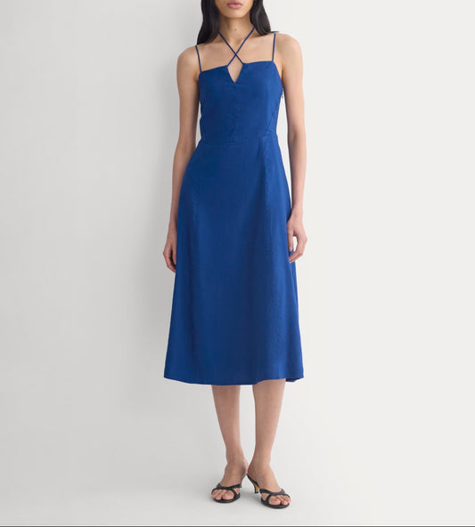 Tie-Neck Dress in Stretch Linen | Estate Blue