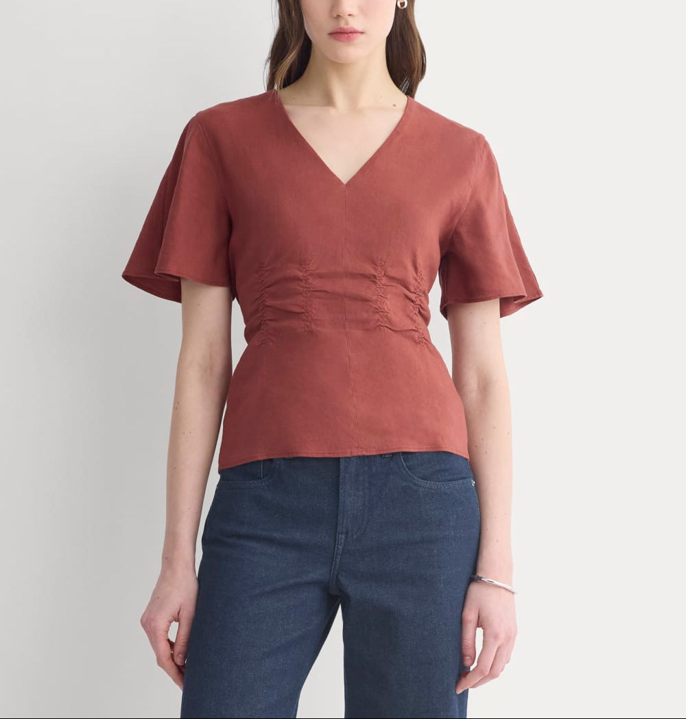 Cinched Top in Stretch Linen | Henna Red
