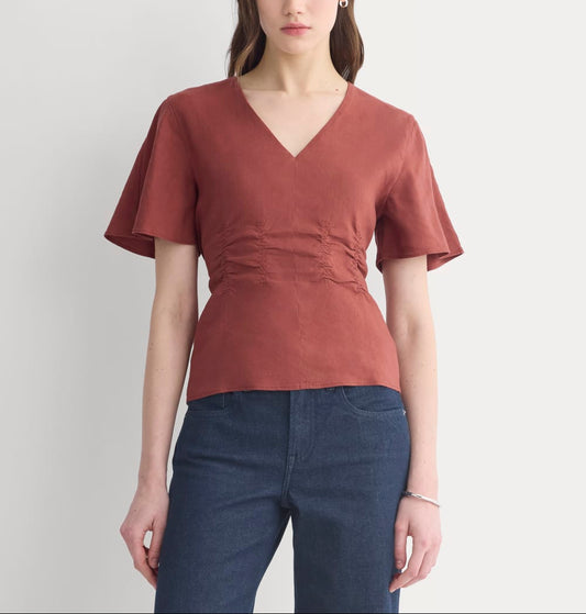 Cinched Top in Stretch Linen | Henna Red