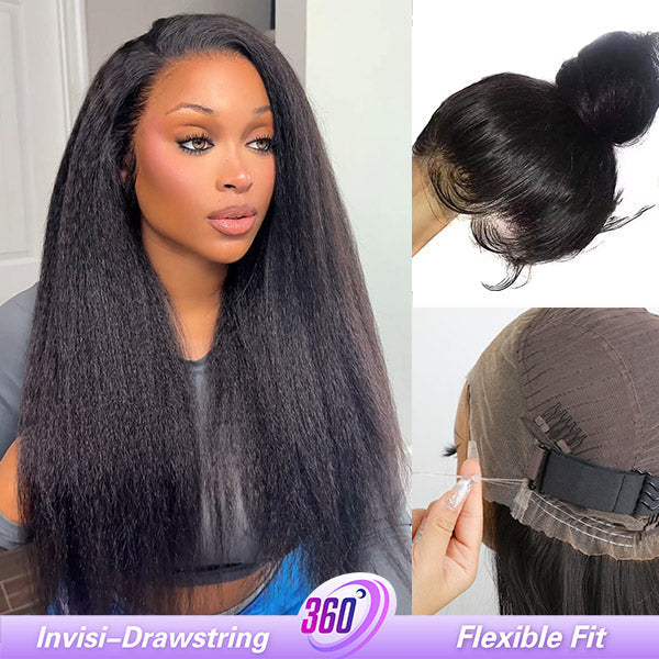 Kinky Straight Invisi-Drawstring Flexible Fit 360 Lace Front Glueless Wig With Bleached Knots